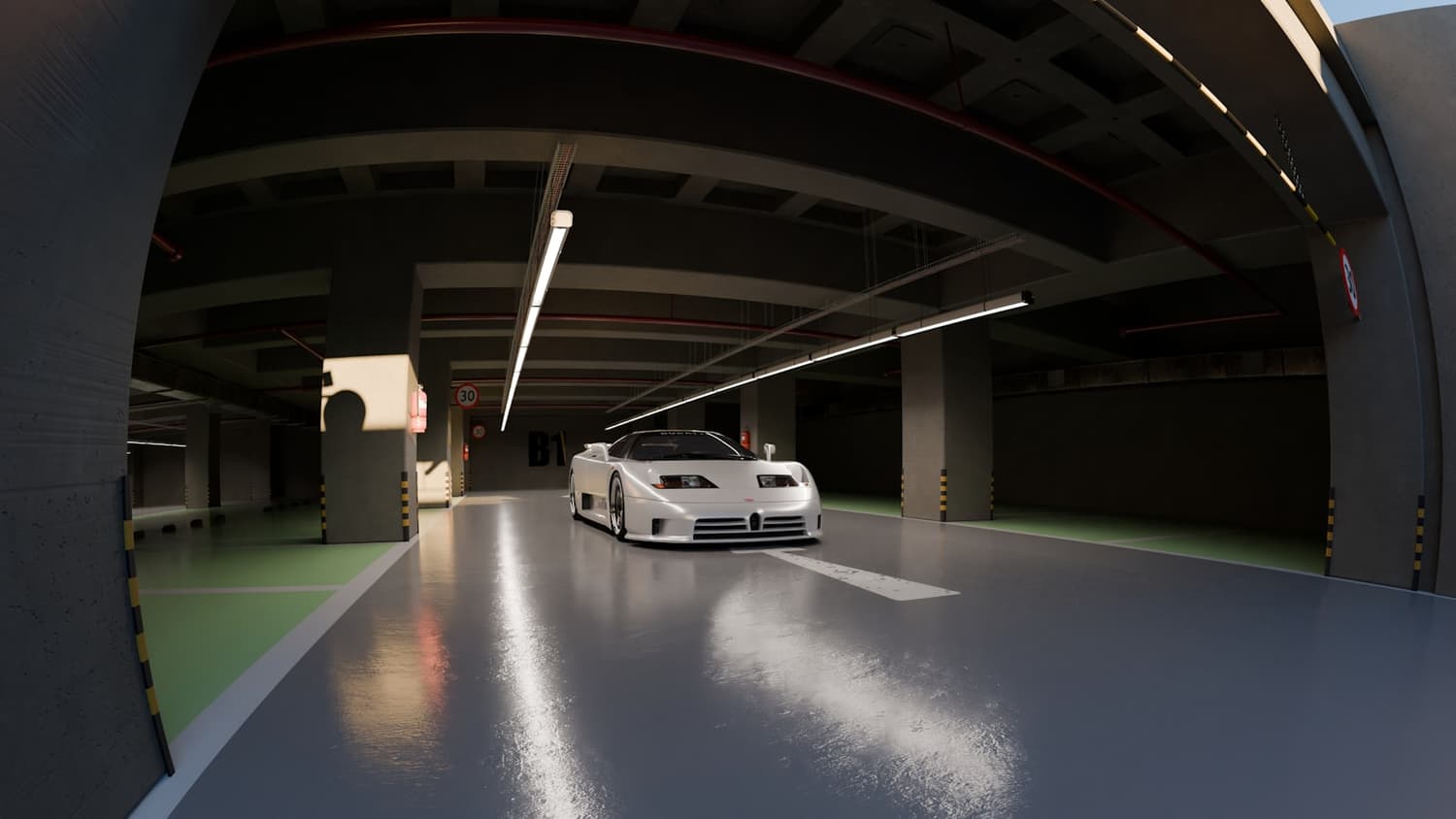 Glossy gray epoxy coated garage floor with reflective sheen